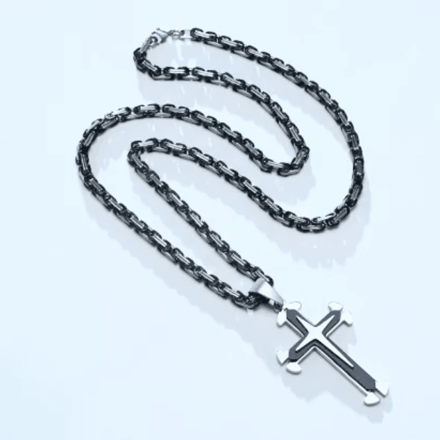 Two Tone Black/Silver Cross Tag pendant necklace, Men's Stainless Steel necklace, 22 inches