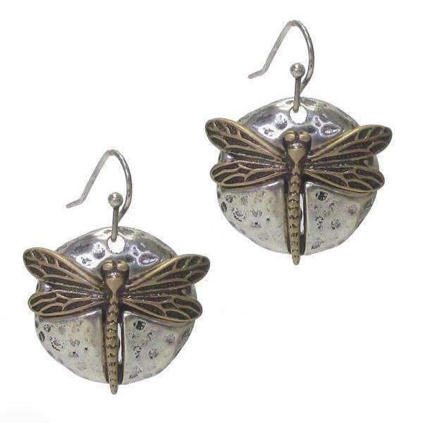 Dragonfly Hammered Disc Dangle Earrings, Two-Toned